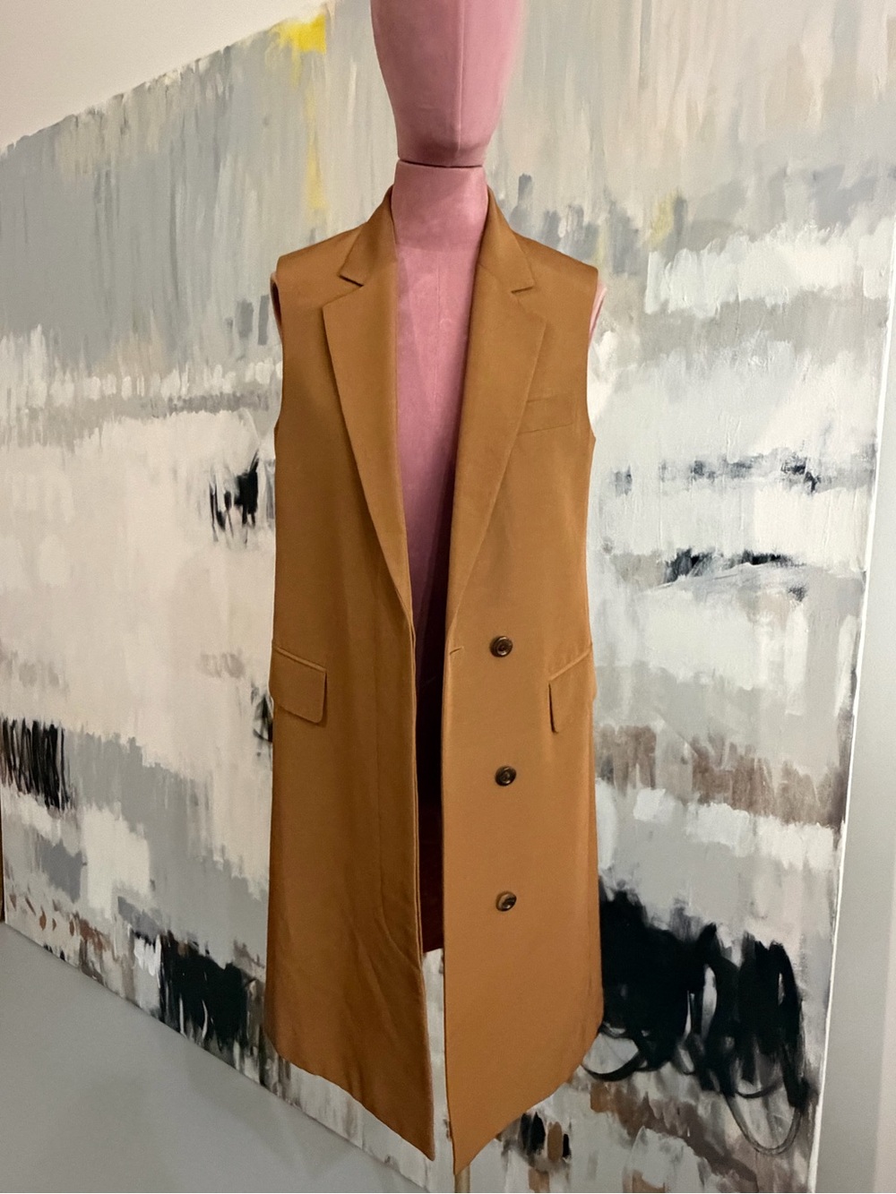 AUTH GUCCI Sleeveless Long Tailored Vest Coat in Camel